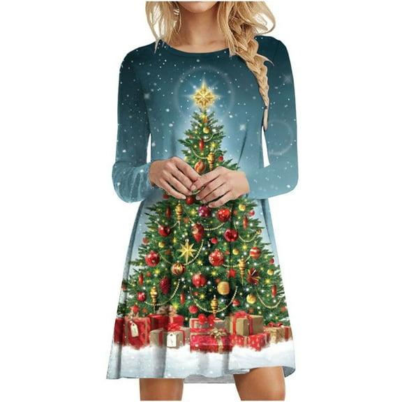 Patlollav Womens Christmas Christmas Tree Print Long Sleeve Dress Green M