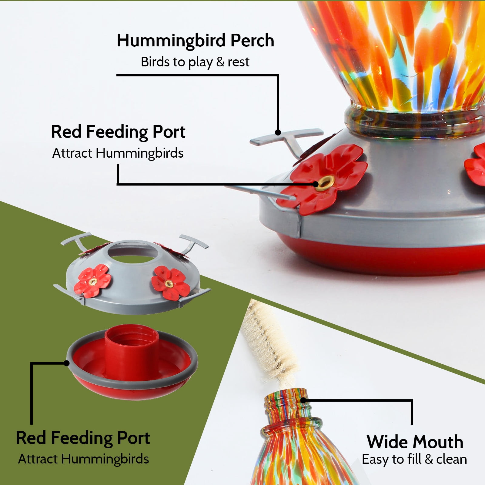Birdkiss Hanging Hummingbird Feeders for Patio Decor, Hand Blown Glass Hummingbird Feeders with Leak Proof, Rustproof & Ant Moat, 20 fl. oz Capacity