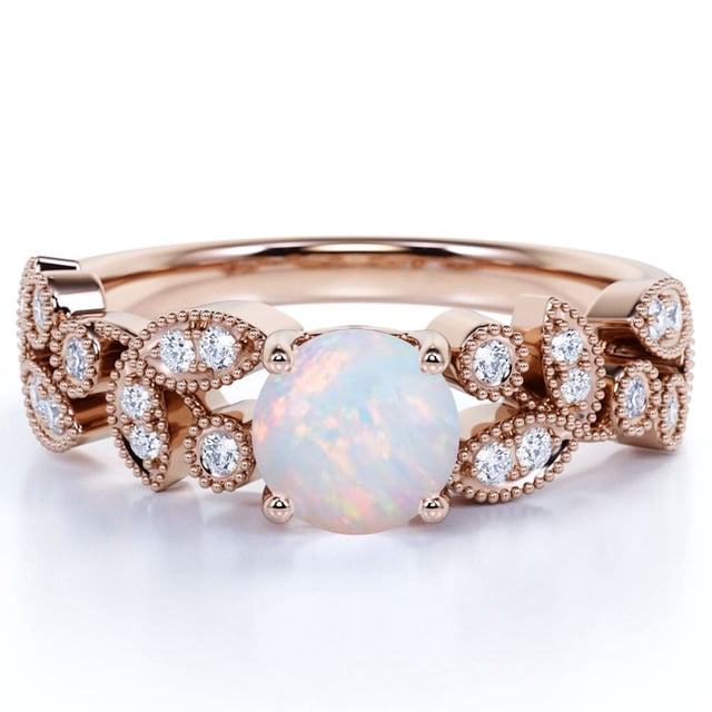 JeenMata Anillo de Bodas Vintage de 1 Uds con Piedra Natal de Octubre, Ópalo Welo Redondo y Moissanita en Oro Rosa de 18 K sobre Plata