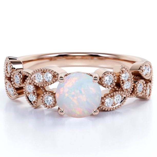 JeenMata Anillo de Bodas Vintage de 1 Uds con Piedra Natal de Octubre, Ópalo Welo Redondo y Moissanita en Oro Rosa de 18 K sobre Plata