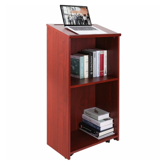 Podium Stand 47 inch, Wood Lectern with Wheels & Storage - Hostess Stand for Church, Office, School, Presentations, Brown