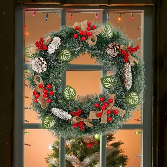 FastXmas 15.75 Inch Christmas Wreaths Decorations Red Flowers Pine-Needles and Pinecone Christmas Garland Hanging Ornaments Realistic Wreaths Decor for Door Winter Indoor Outdoor Christmas Party