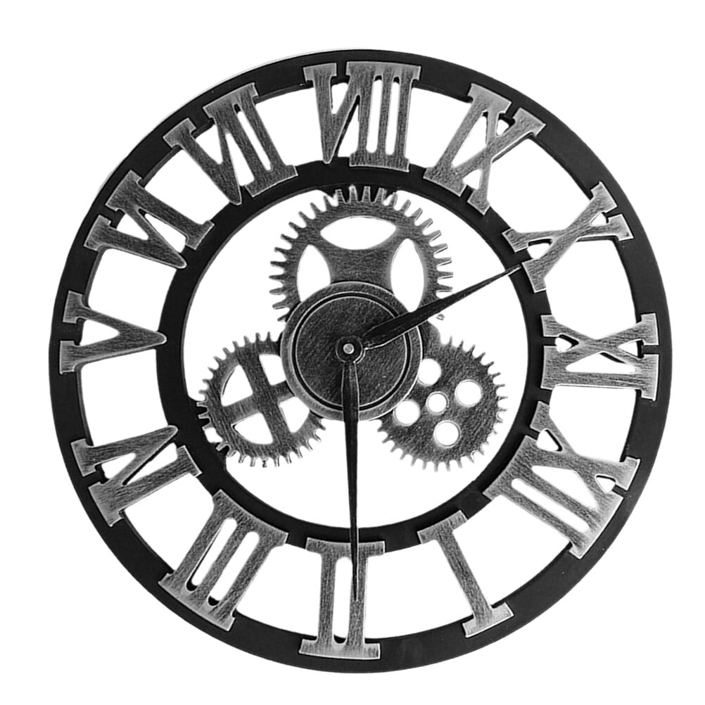 FOMIYES Retro Industrial Gear Wall Clock Plated Silver Wooden Hanging Decor