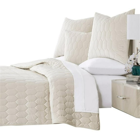 Michael Amini Niagara 3-piece Diamond Fabric Queen Quilt Set in Tan/Sand
