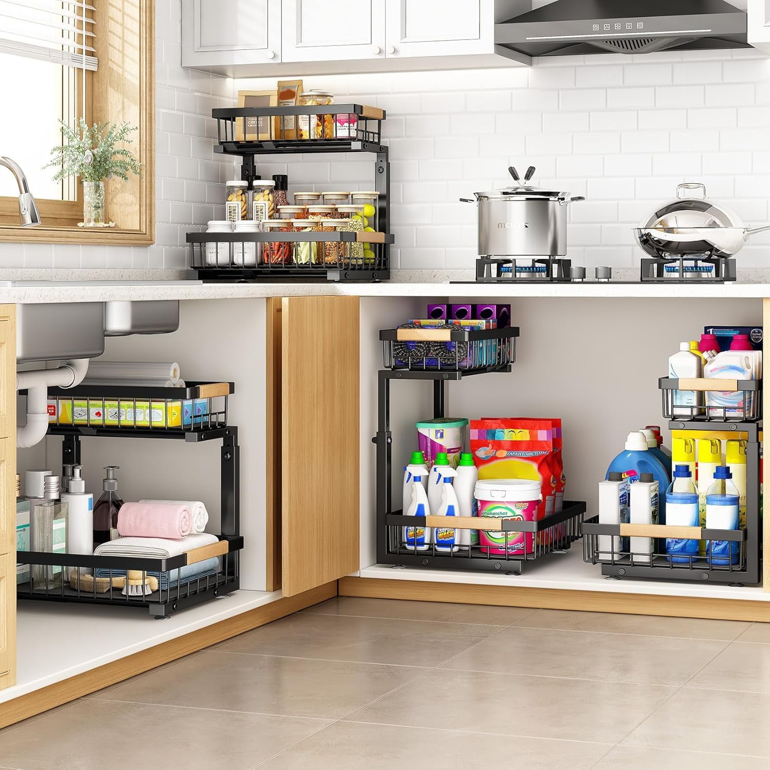 Under Sink Organizer, Adjustable Height, 2 Tier Pull Out Under Cabinet Organizer, Slide Out Thickened Metal Under Sink Storage for Kitchen Bathroom Laundry Pantry Cabinet
