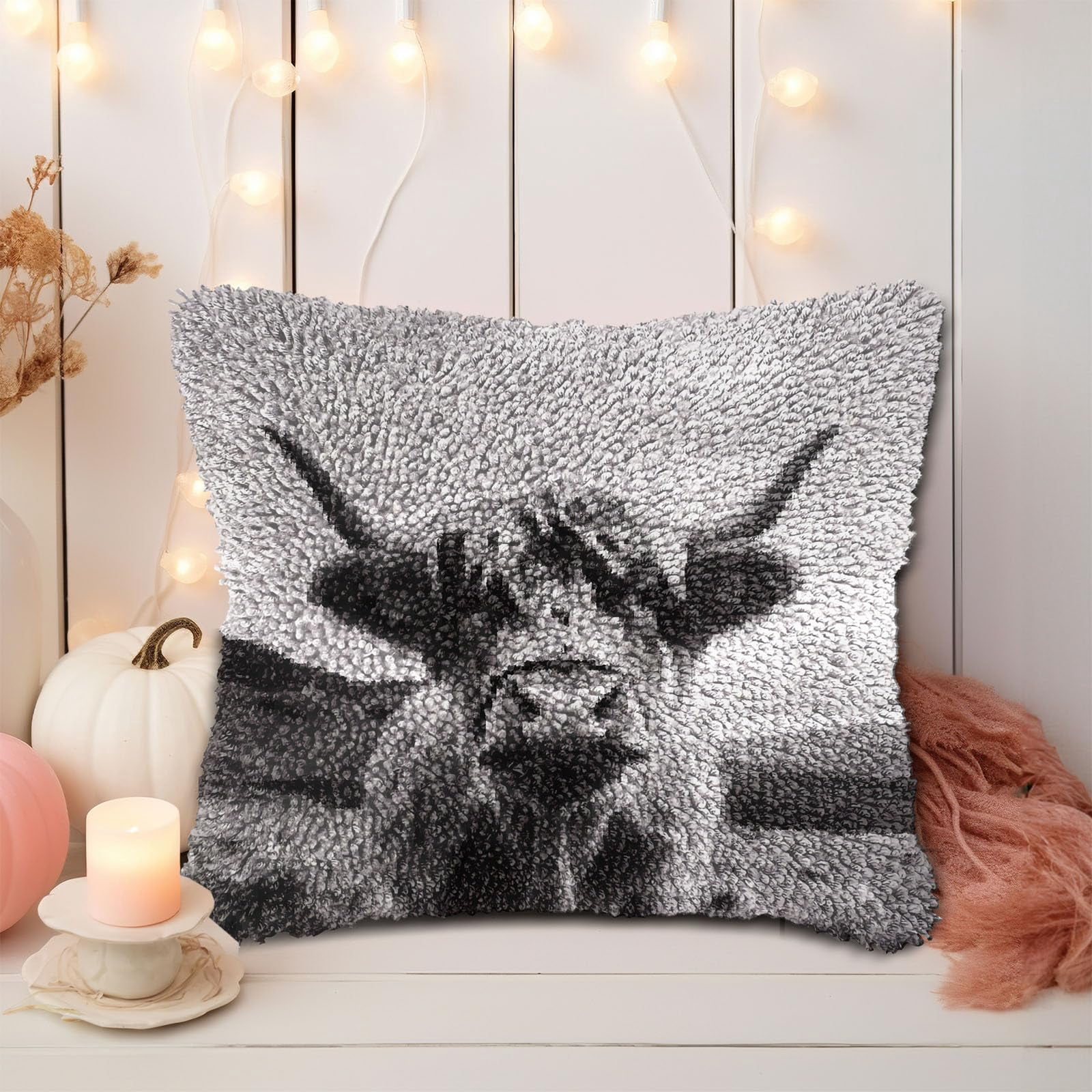 Black and White Highland Cattle DIY Latch Hook Pillow Kits for Adults Printed Pillowcase Crochet Yarns Hooking Handmade Pillow Cover Cushion for Home Sofa Decoration 17x17inch(1)