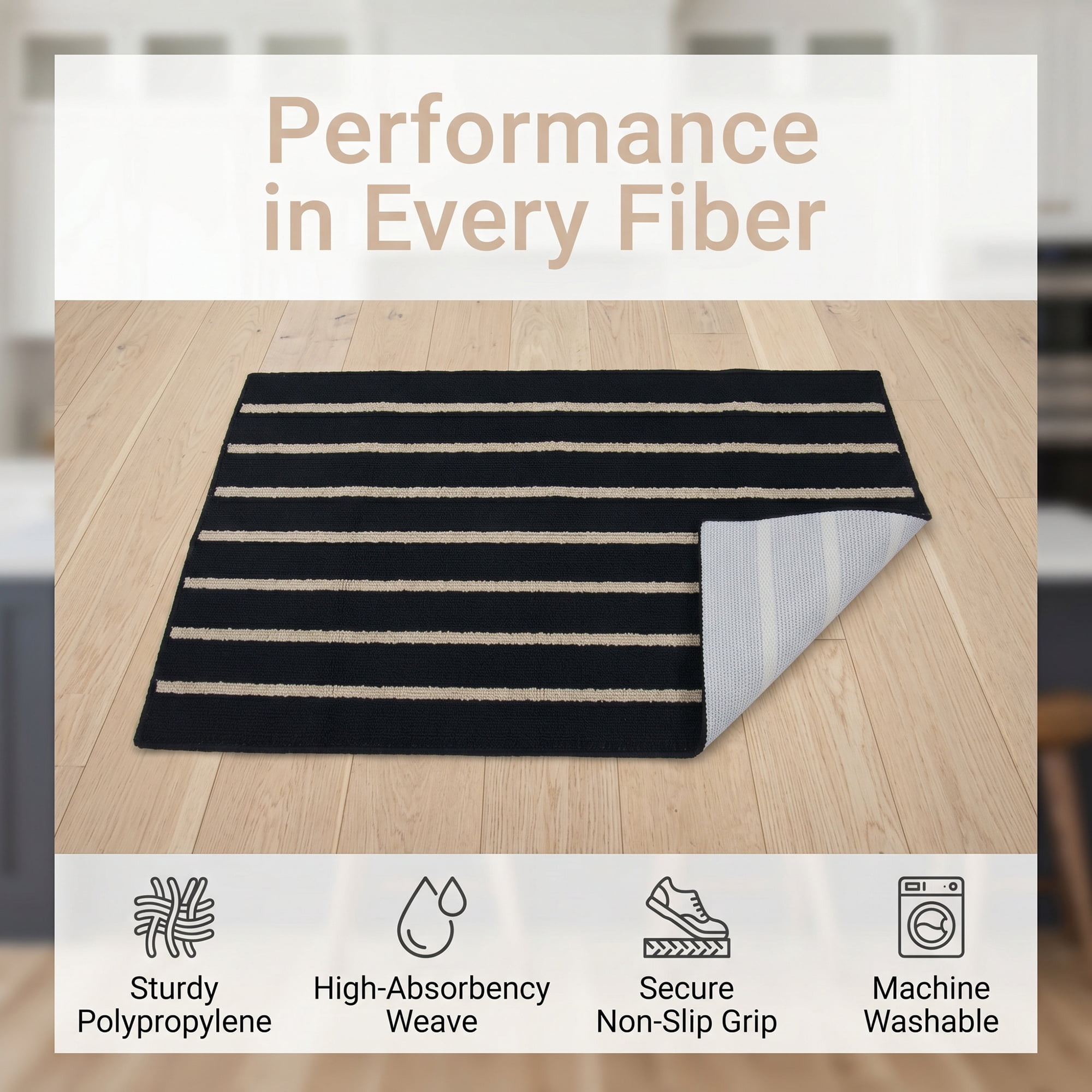 Unique Bargains Polypropylene Striped Non Slip Kitchen Runner Rug Black 32" x 20"