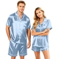 thumbnail image 2 of Garbnen Silk Matching Pajama Sets for Couples 2 Piece Short Sleeve Button Down Sleepwear Pjs Shorts Set Cozy Loungewear for Women 2 Piece Set Blue 4XL, 2 of 8