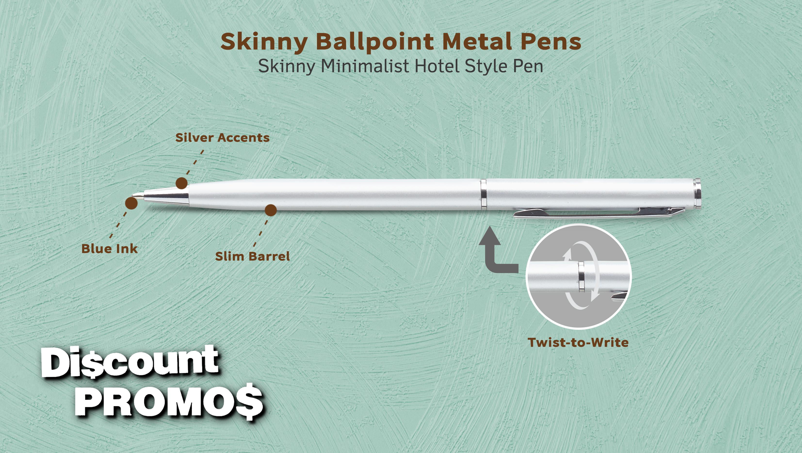 DISCOUNT PROMOS 10 Skinny Ballpoint Metal Pens Pack - Sleek, Twist Off,  Black Ink - Blue
