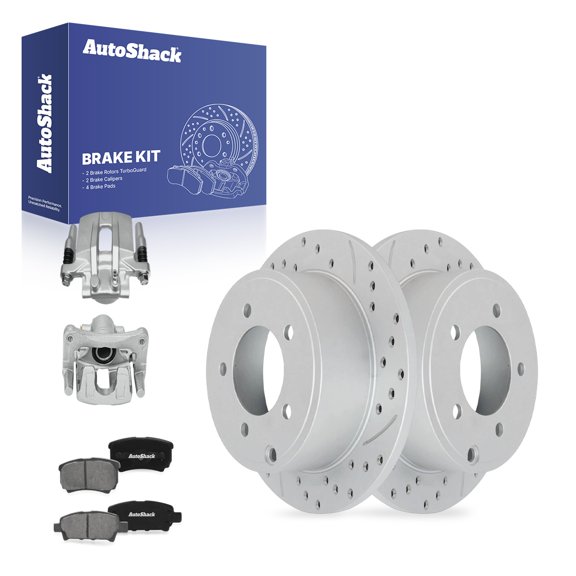 AutoShack Rear Brake Rotors, Premium Pads & Calipers for Mitsubishi, Lancer 2013-2015, FWD L4 2.4L - Coated Drilled & Slotted - Silver Matte Finish - TurboGuard - 10.31" (262 mm), 5-Lug