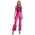thumbnail image 1 of Womens Dance Leotard Shiny Rhinestone O-Ring Front Tiered Bell-Bottom Bodysuit for Disco Party HotPink XL, 1 of 7