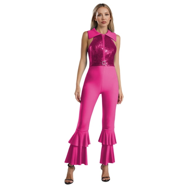 Yhong Combinaison Rétro à Paillettes Brillantes pour Femmes, Body de Danse HotPink 4TG