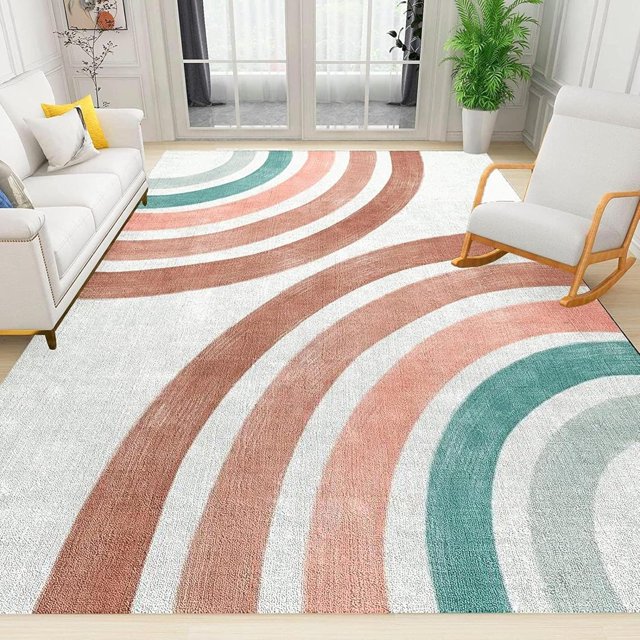 Retro Modern Boho Abstract Area Rugs, Mid Century Geometric Rainbow Bedroom Rug, Comfortable Soft with Non-Slip Backing Ideal for Living Room Boy Girl Dining Room Study Decor 4 x 6ft