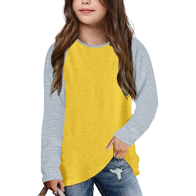 Girls Casual Long Sleeve Raglan Tops for Kids - Crewneck Tunic Tees with Color Block Design Soft Tops for Spring