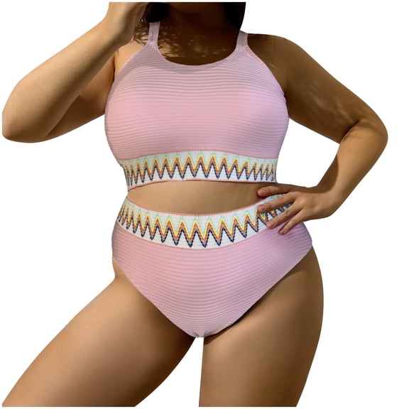 Ohufall Women's Bikini Sets Colorblock Trim 2 Piece Swimsuit High Waisted Bathing Suits for Women Scoop Neck Adjustable Spaghetti Straps Bikini Swimwear