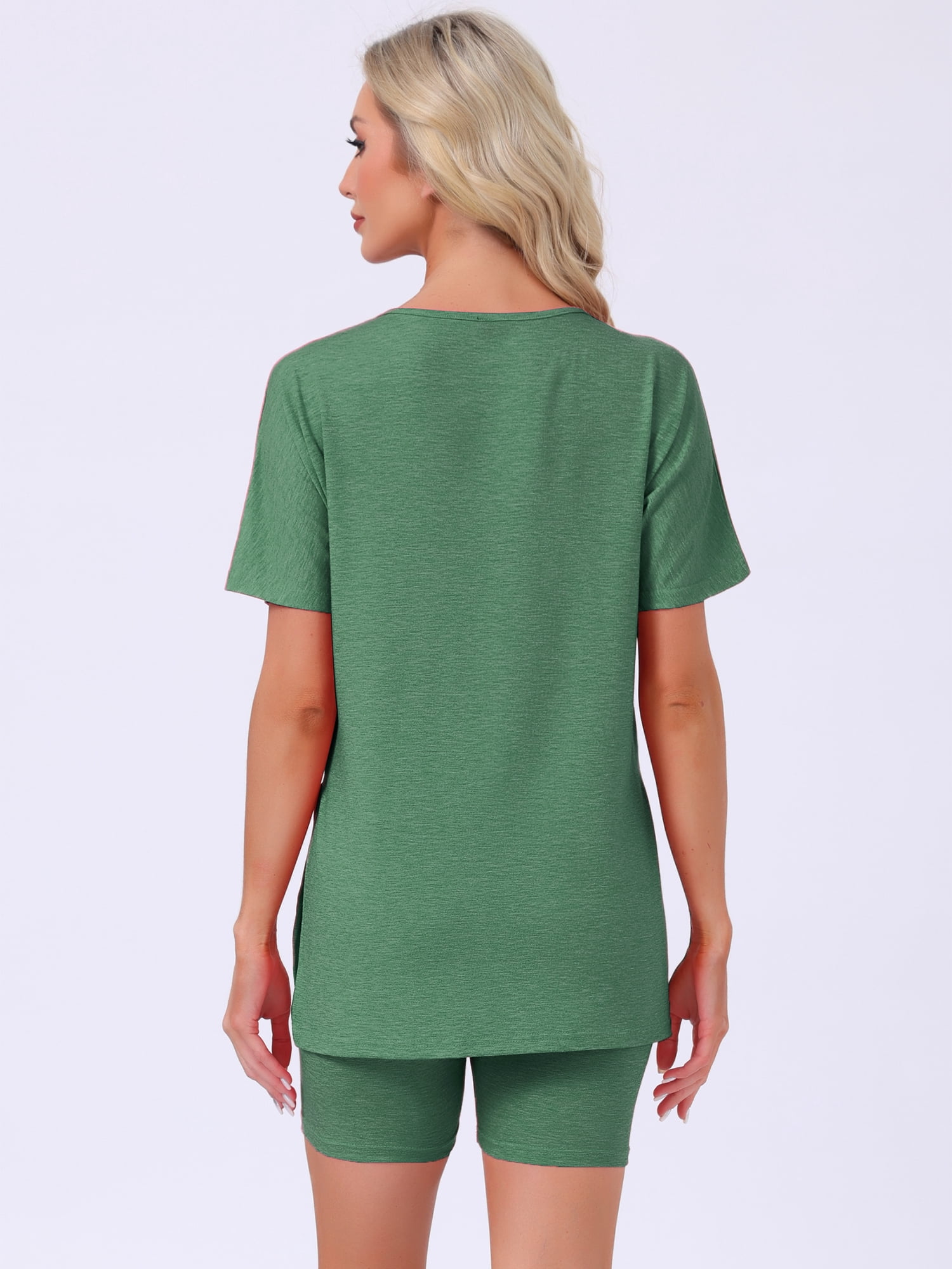 DARING DIVA Women's Pajama Set Split Jersey Knit Tops with Fitted Shorts L Green