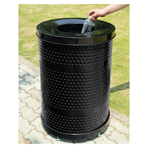 LifeYard Thermoplastic Perforated Metal 32 Gallon Outdoor Trash Can with Flat Lid, Black