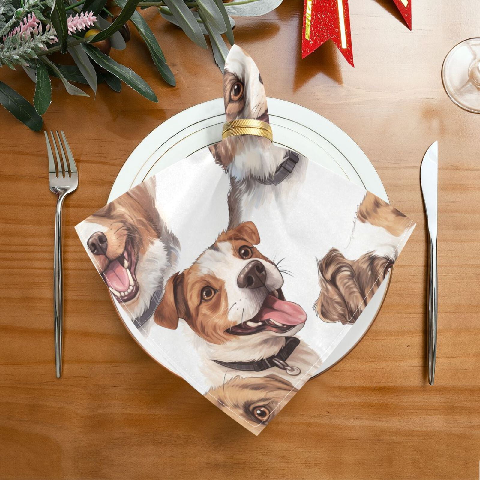 JSTEL Dog Print Hand Drawn Cloth Napkins Set of 6, 20x20 Inch Washable and Reusable Napkin for Decoupage Dinner Party Everyday Use