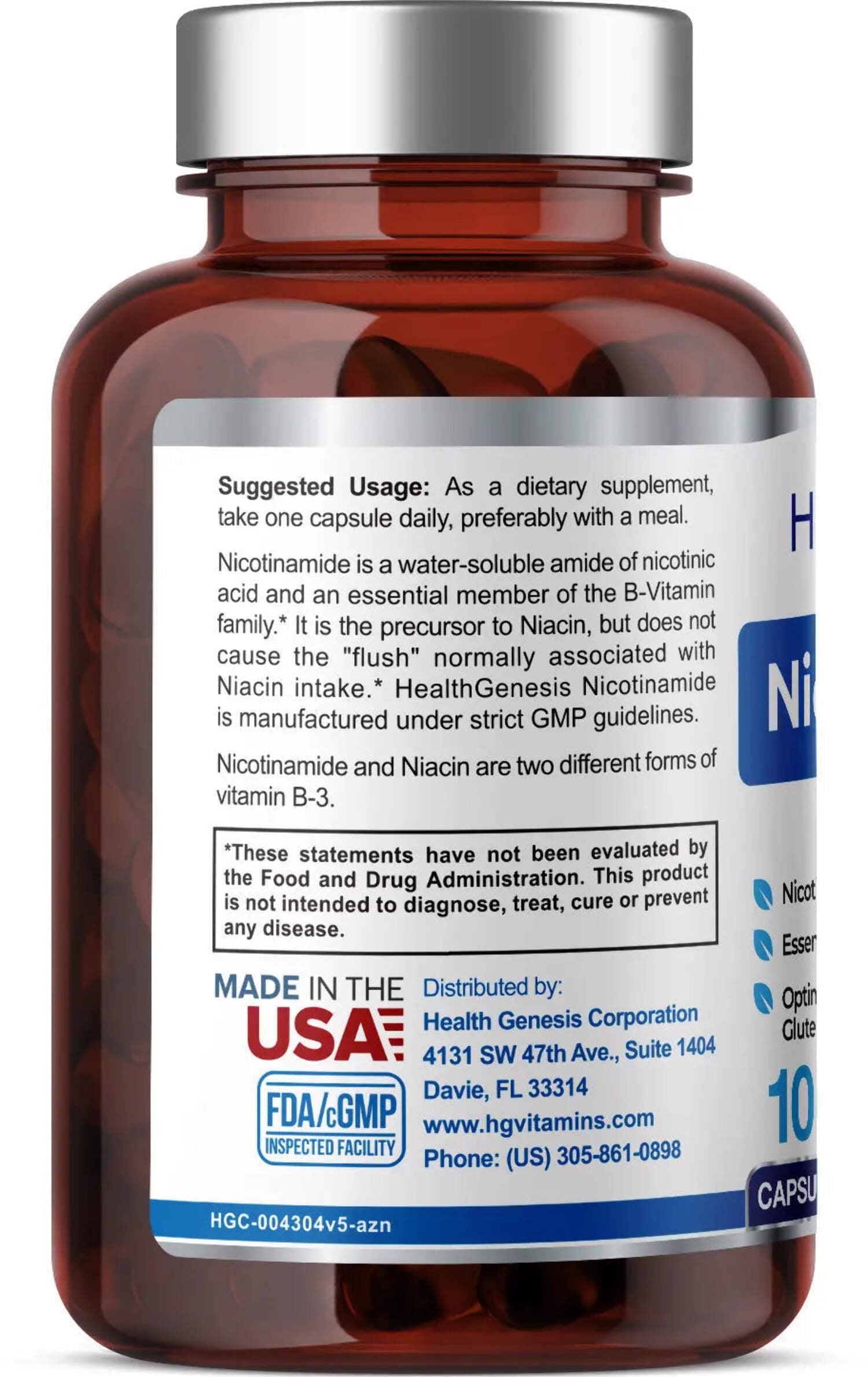 Health Genesis B-3 Nicotinamide 500 mg 100 Caps - Flush-Free Niacin Formula for Skin & NAD+ Support