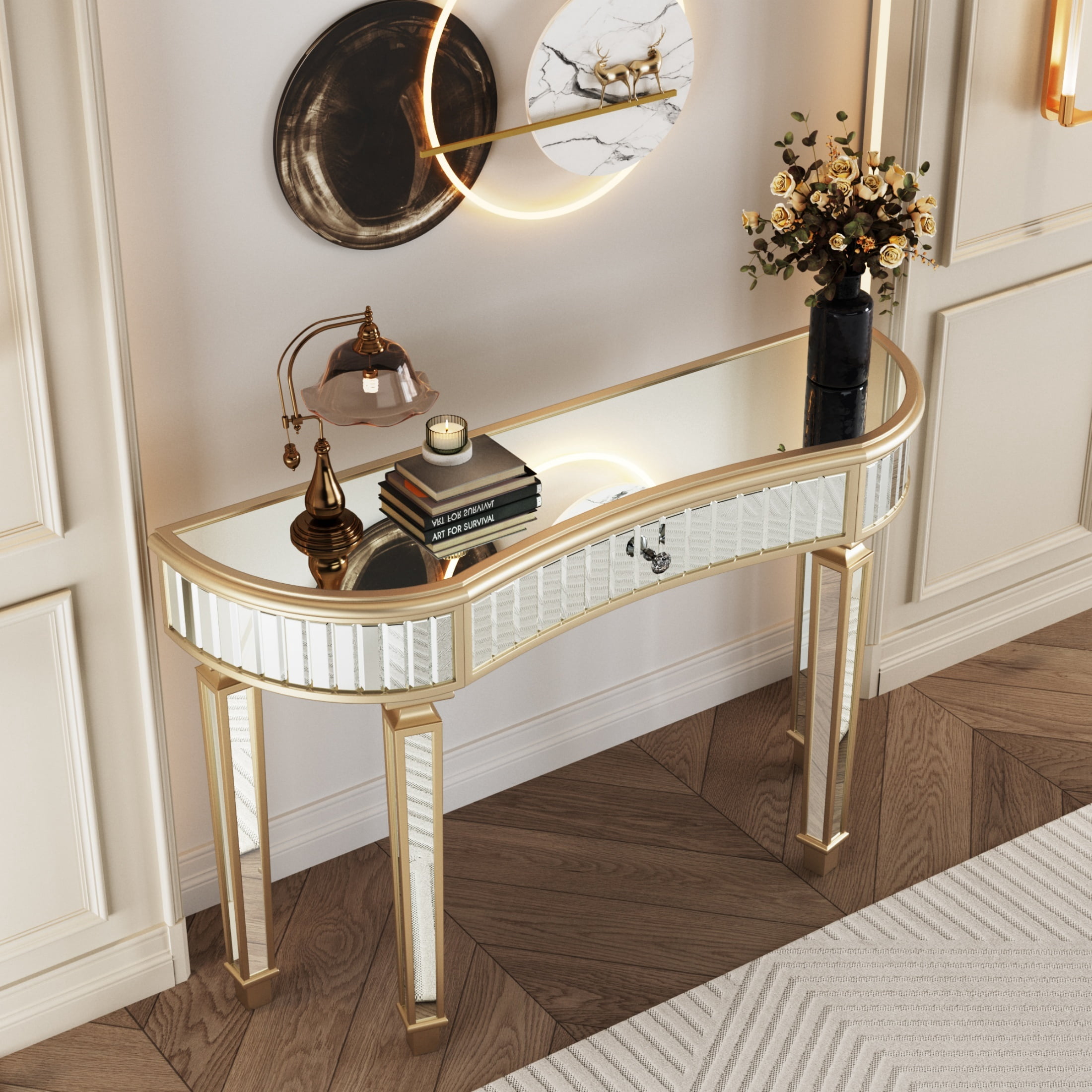 Curved Glass Console Table with Fluted & Crystal Knob Drawer, Mirrored Entryway Display Table, Multi-functional Vanity Desk