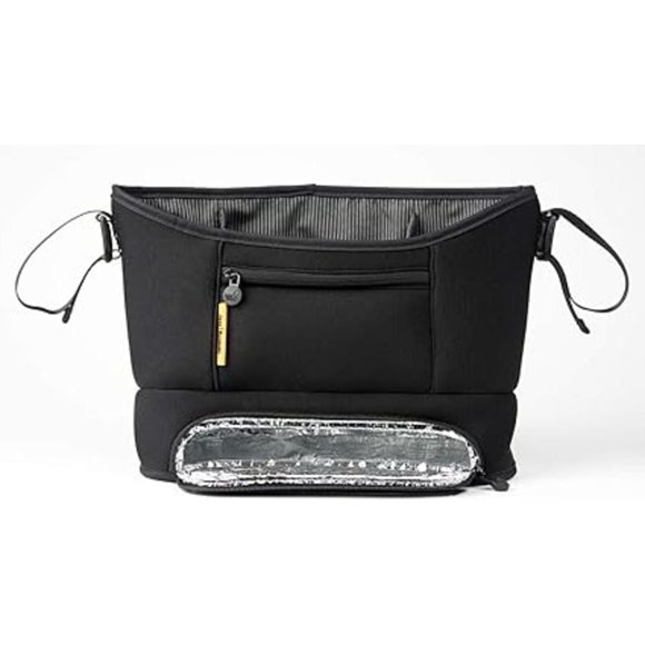 Bababing Stroller Caddy Organizer - Black - Compatible with All Strollers - Quick Attach with Adjustable Clips - Holds 2 Bottles, Large Central Pouch for Snacks, Phones, Essentials - Secure Zip Pocket