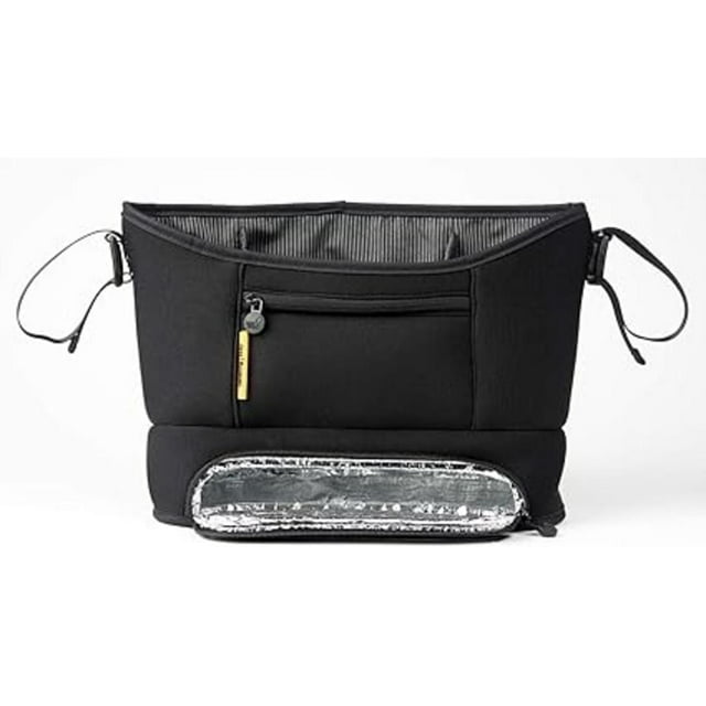 Bababing Stroller Caddy Organizer - Black - Compatible with All Strollers - Quick Attach with Adjustable Clips - Holds 2 Bottles, Large Central Pouch for Snacks, Phones, Essentials - Secure Zip Pocket