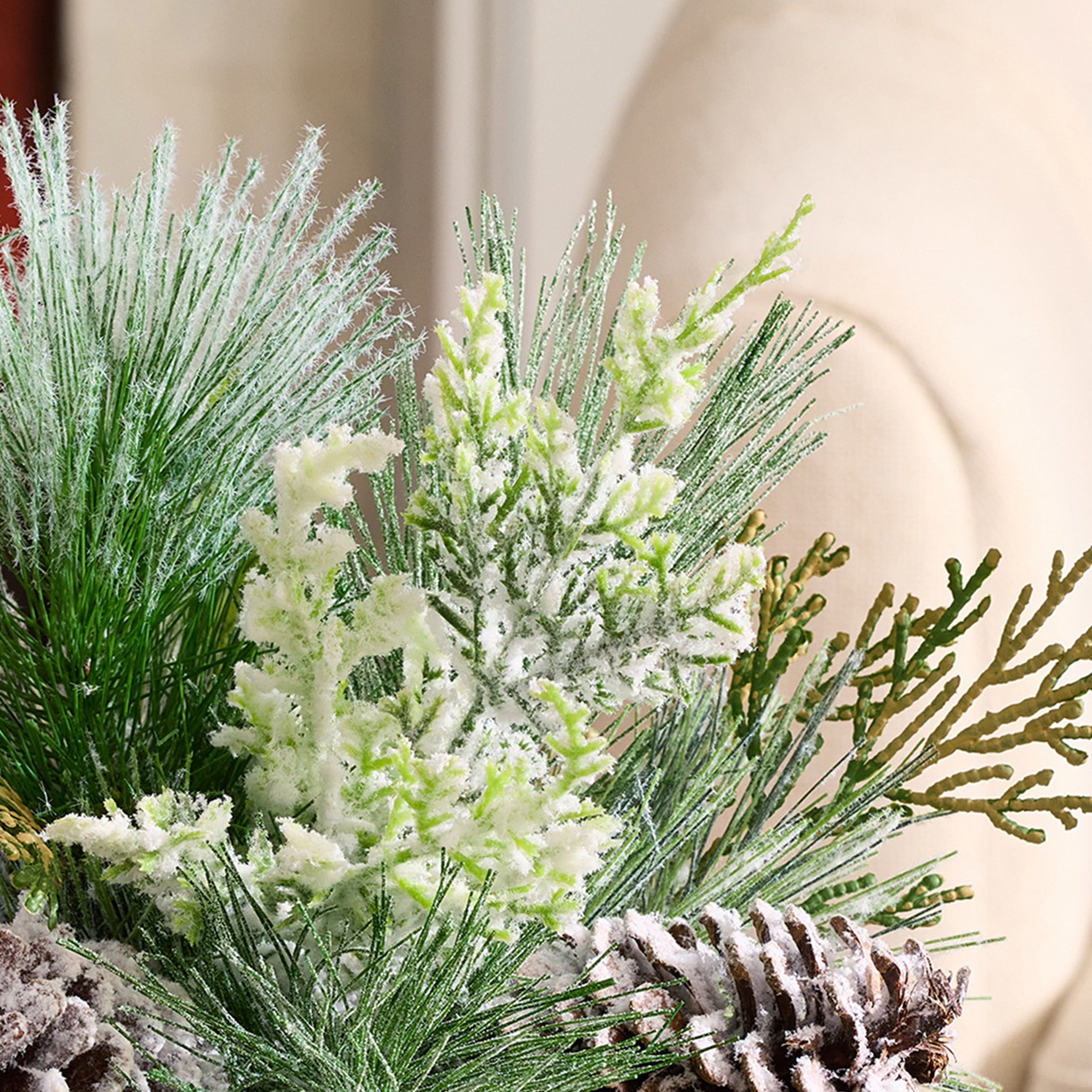Better Homes & Gardens 13 in Artificial Frosted Pine in Ceramic Vase, Indoor, Green