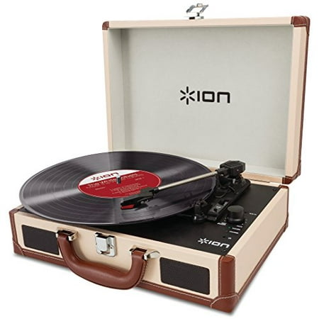 ION Audio Vinyl Motion Deluxe | Portable 3-Speed Belt-Drive Suitcase Turntable with Built-In Speakers (Cream-Leather