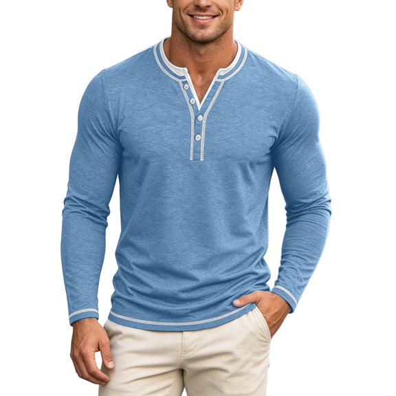 JIAYUE Men's T Shirt Fashionable Contrast Color Trim Henley Long Sleeve Shirts V Neck Buttons Placket Slim Fit Casual Pullover Tops For Commute Travel And Daily Comfortable Wear