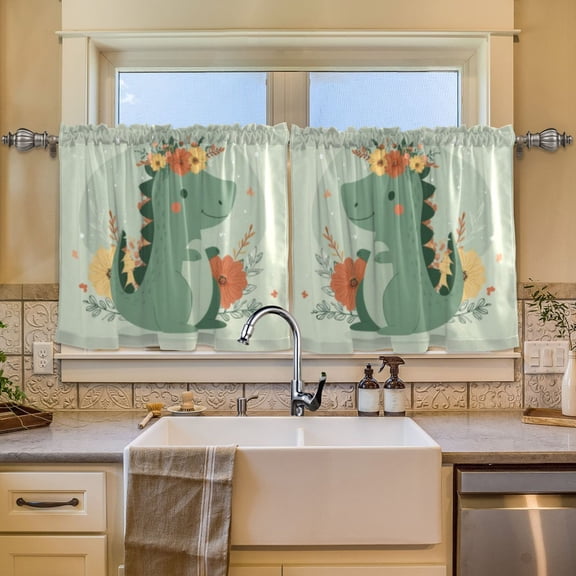 BZSMCE Set of 2 Pieces Window Curtains In Warm Bloom Dino Pattern 57x24in/57x36in