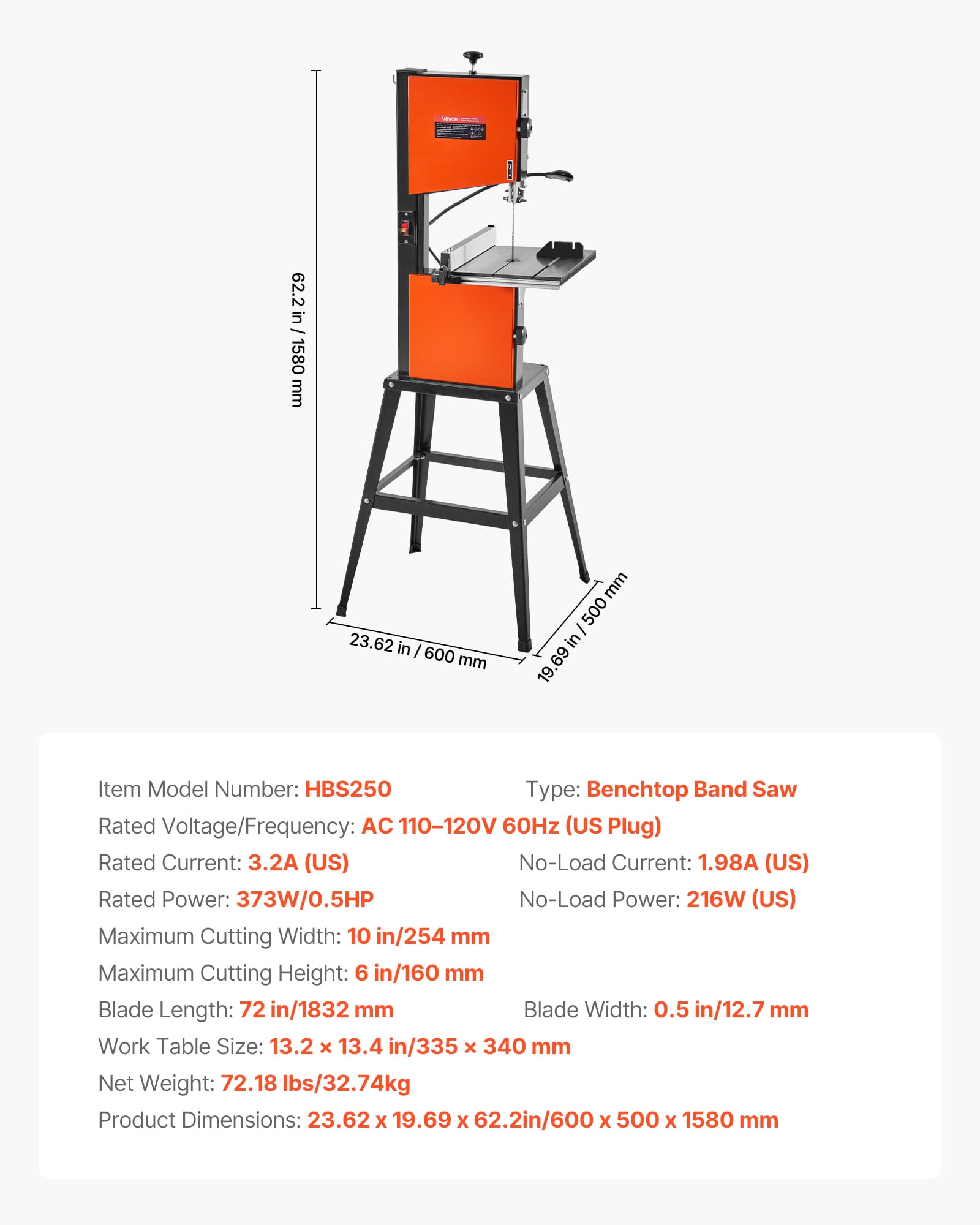 VEVOR Band Saw with Stand, 10-Inch, Two-Speed Benchtop Bandsaw, 373W 1/2 HP, 6 in Max Cutting Height, 13.2 x 13.4 in Cast Iron Table, with 360° Work Light,Miter Gauge, Fence, Band Saw for Woodworking