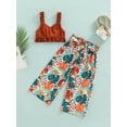 thumbnail image 2 of 3Pcs Baby Girls Summer Pants Set Soild Color Pleated Sling Ruffle Hem Tops Boho Flower Leaf Print Loose Pants with Belt for Kids, 2 of 9
