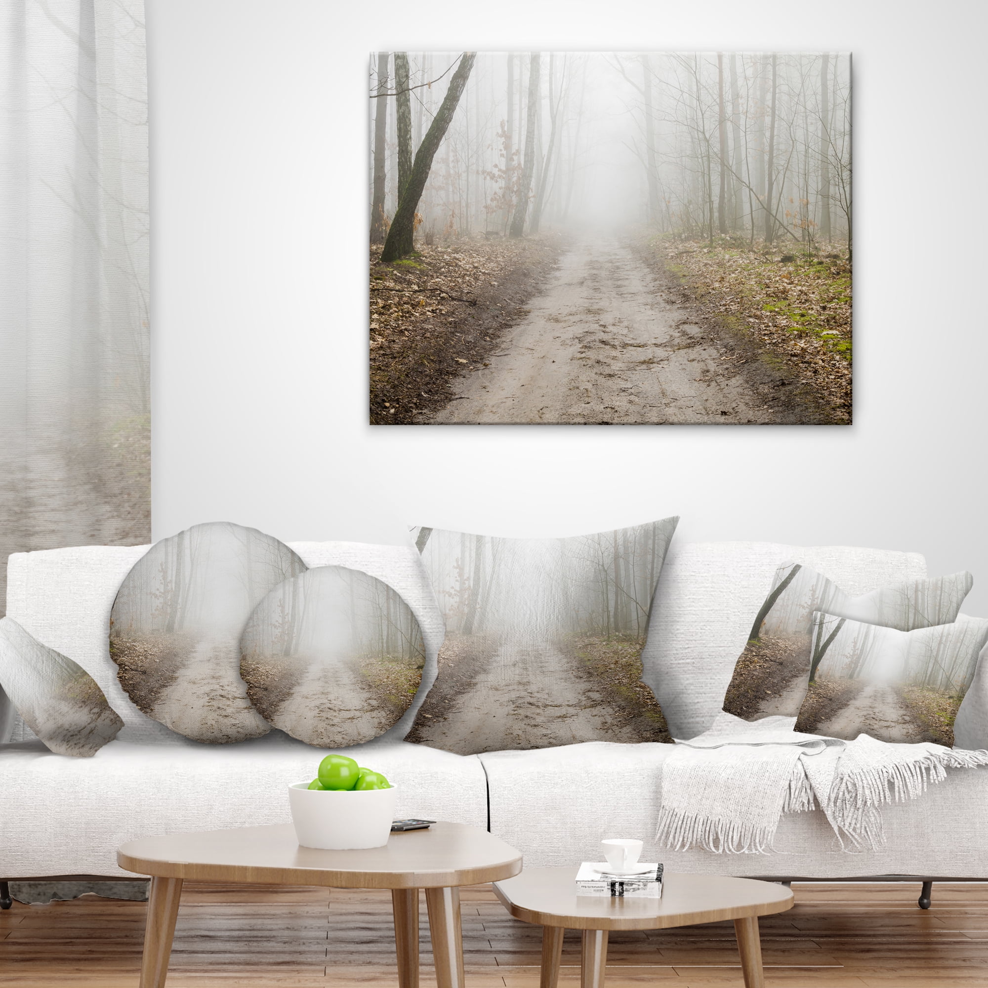 Designart Straight Forest Road in Fall - Landscape Photo Throw Pillow - 18x18