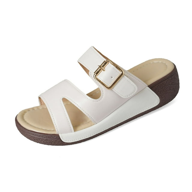 Lenago Hey Dudes Shoes For Women Fashion Casual Spring And Summer Comfortable Style Solid Color One-Strap Square Buckle Round Toe Open Toe One-Foot Thick Bottom Wedge Heel Slippers Shoes For Women