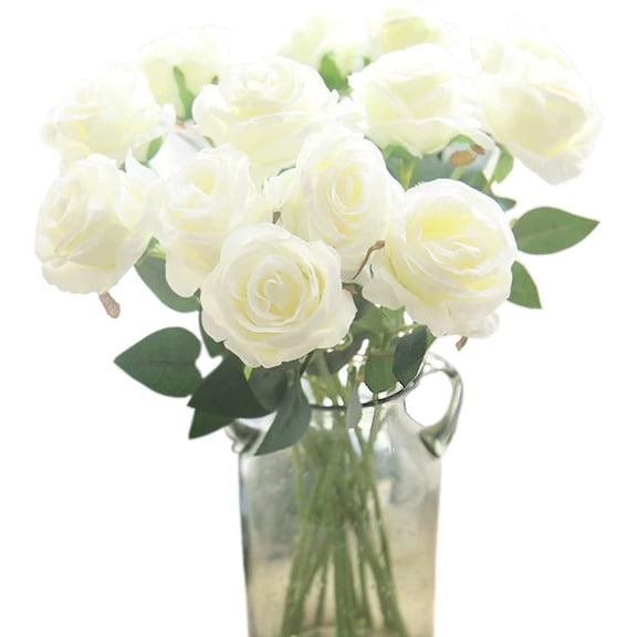 Zukuco 10PCS Artificial Flowers Realistic Roses Bouquet with Long Stem for Home Wedding Decoration Party-White