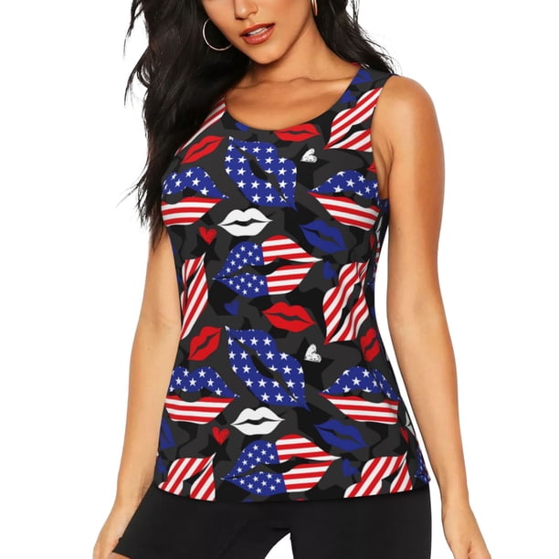 Fotbe American With Lips Blusas Sin Mangas para Mujer – Estilo Casual, Corte Suelto, Slim-Fit, Cuello Redondo Deportivo, Tops de Verano para Gimnasio y Yoga-Large