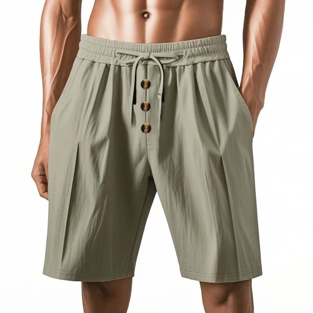 pstuiky Pantalones cortos cargo para hombre, Pantalones cortos de lino con cintura elástica y botones de color liso para hombre, versátiles y a la moda. Pantalones cortos de entrenamiento