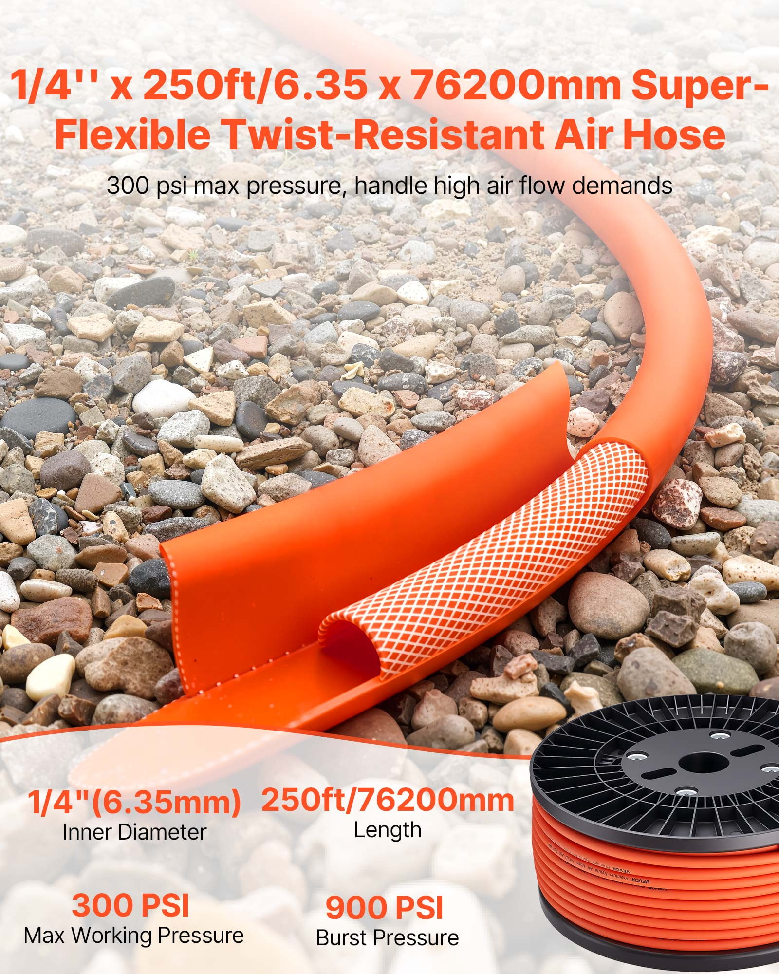 VEVOR Air Hose, 1/4" x 250ft Hybrid Air Hose, Lightweight, Kink Resistant, Pneumatic Hoses with Three-Layer Hybrid Material for Auto, Home & Building, 300 PSI, All-Weather Flexibility, Orange
