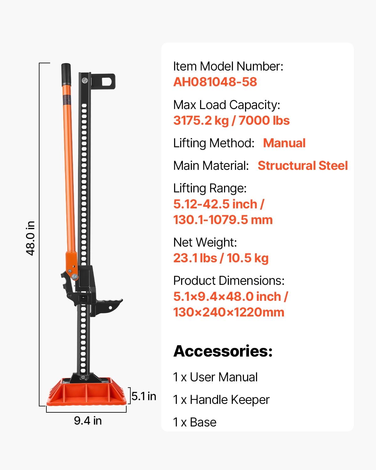 VEVOR Farm Jack with Base, 48" Utility High Lift Farm Jack, 3.18 Ton (7,000 lbs) Capacity Ratcheting Off Road Utility Jacks, Heavy-Duty Lift Jacks with 5.12"-42.5" Lifting Range for Tractor,Truck,SUV