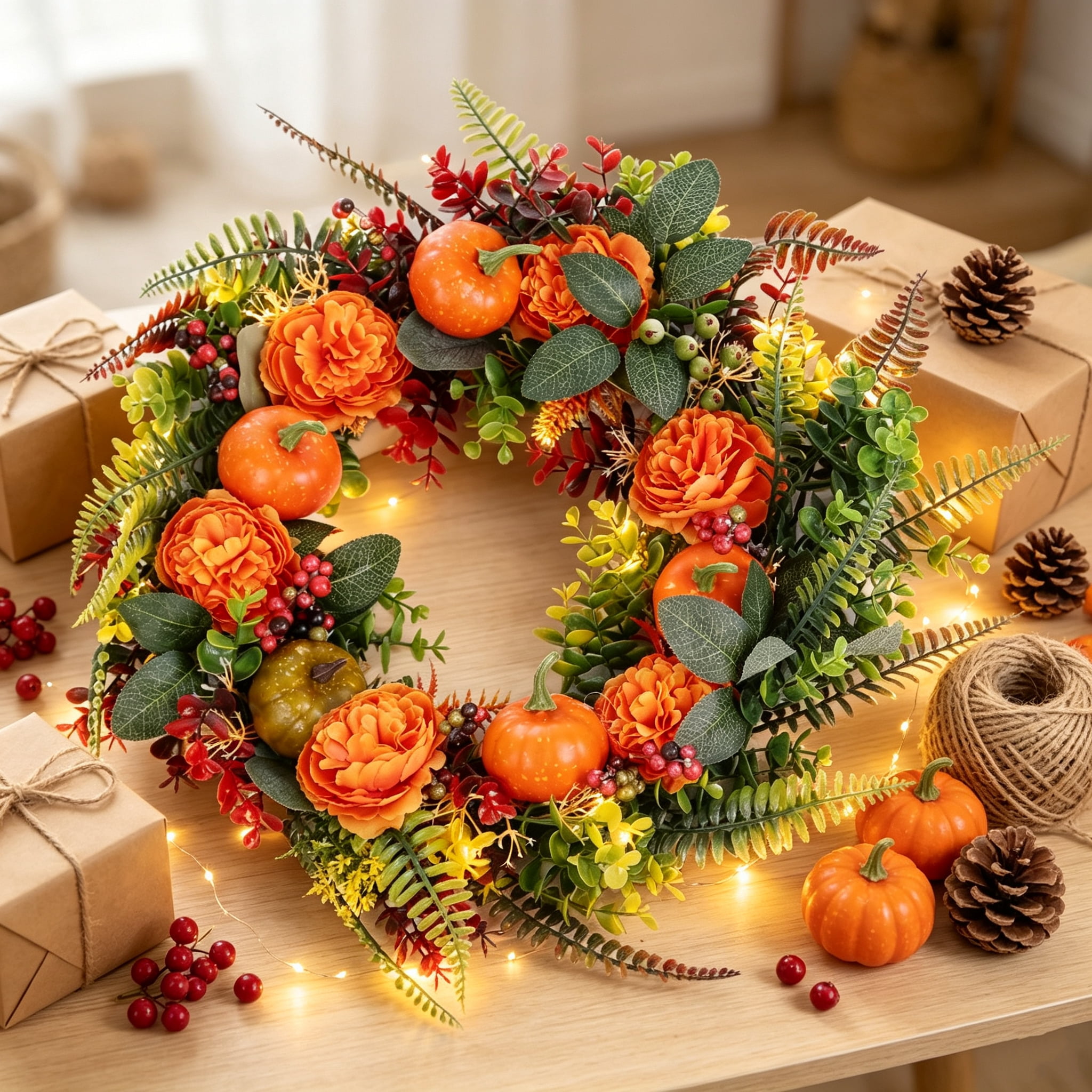 17.71 Inch Fall Artificial Wreath, PE Autumn Wreath with Pumpkins Berries and Leaves, Seasonal Hanging Ornament for Front Door Wall Window Thanksgiving Halloween Decor