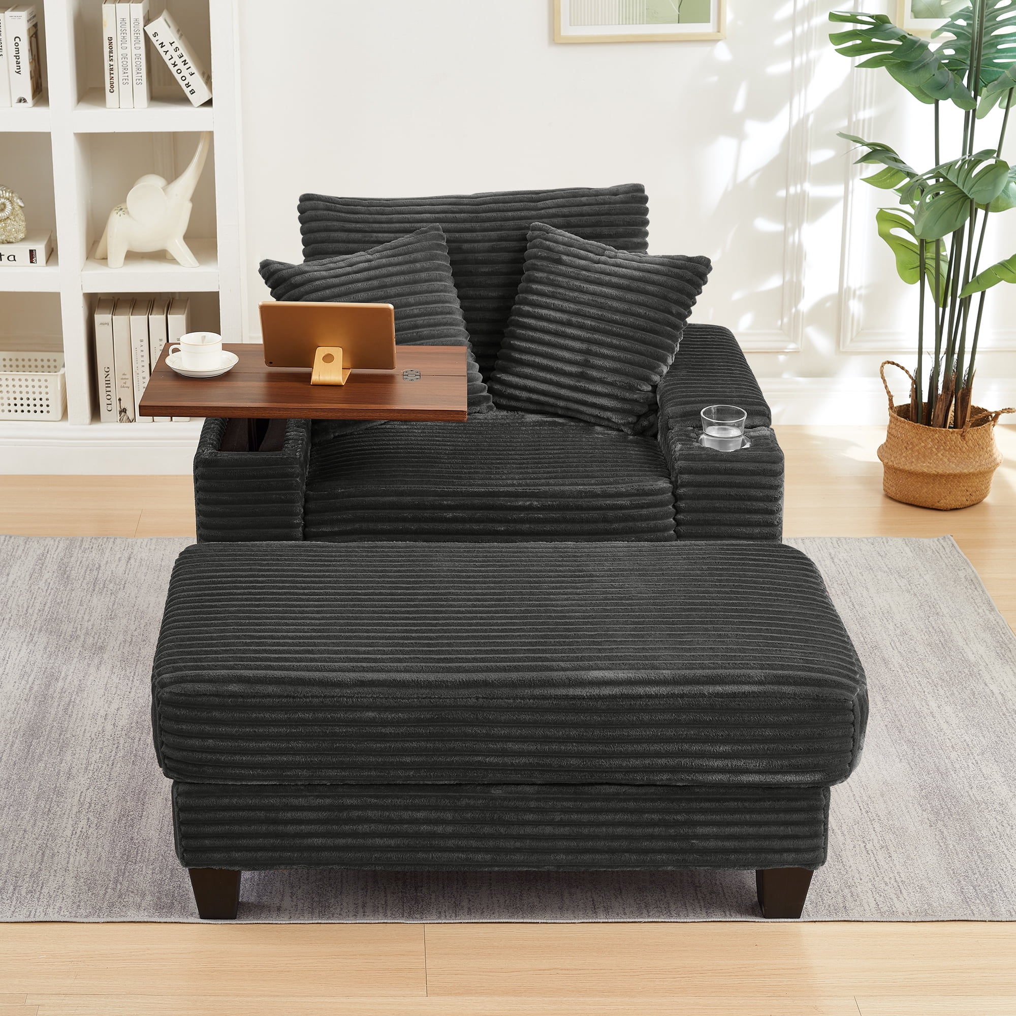 Chaise Lounge Chair Indoor,Corduroy Single Upholstered Sofa Bed with Ottoman,Cup Holder & USB Ports,180°Rotating Table Board for Living Room,Bedroom,Apartment,Dark Gray