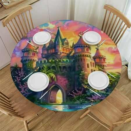 

Autua Palm Trees Flowers Castle Round Tablecloth Stain Resistant Washable for Indoor Outdoor Kitchen Dining Wedding Parties 100% Polyester Fabric Home Decoration Table Cloth 31 -35