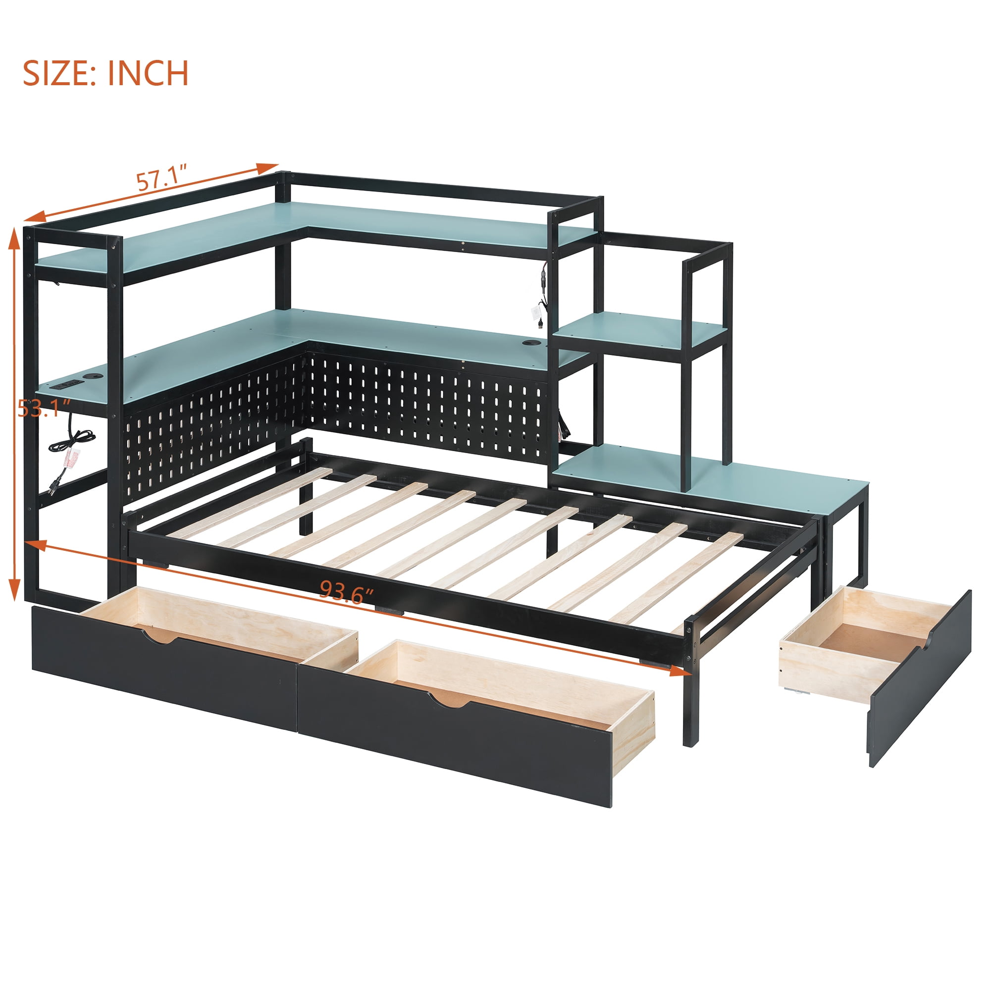 Mintazer Twin LED Gaming Daybed Storage Platform Bed with Charging Station & Integrated Desk Bookshelves and 3 Drawers for Kids Teens, Black & Blue