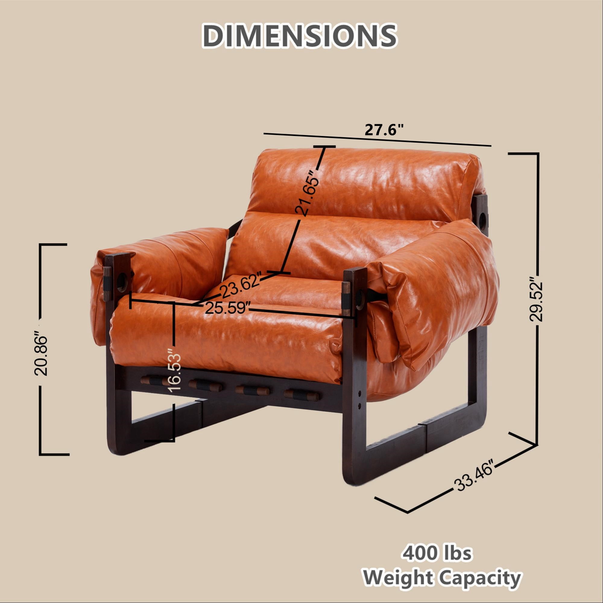Aukfa Mid-Century Modern Chaise Lounge Indoor Chair for Living Room, Wood Frame, Leather, Retro Orange
