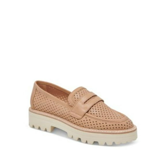 DOLCE VITA Womens Beige Color Block 1" Platform Penny Keeper Perforated Lug Sole Malila Round Toe Block Heel Slip On Leather Loafers Shoes 9