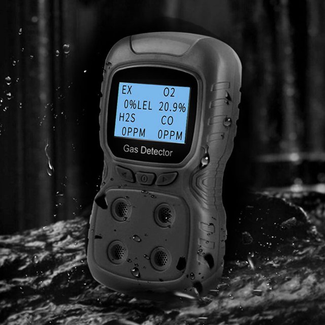 Detector De Gas Detector de gas 4 en 1 Impermeable LEL Monitor Bilingüe EX O2 H2S CO (Negro)