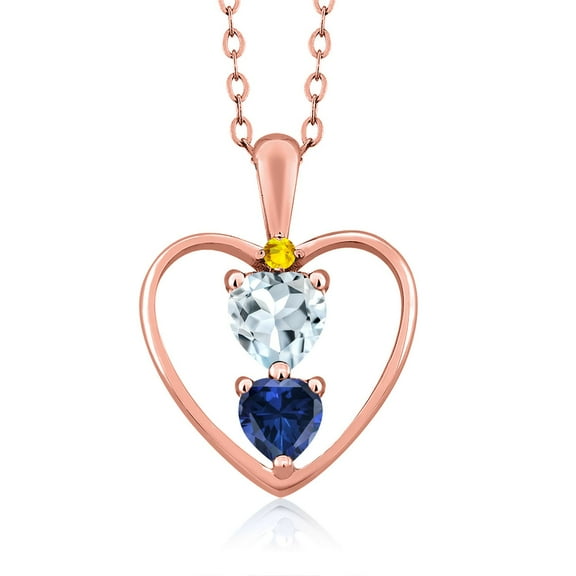 18K Rose Gold Plated Silver Sky Blue Aquamarine Blue Created Sapphire and Yellow Sapphire Pendant Necklace for Women (0.92 Cttw, Gemstone Birthstone, Heart 5MM and 4MM, with 18 inch Silver Chain)