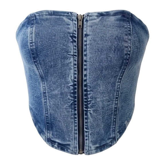Likimi Womens Tank Tops Denim Summer Strapless Sleeveless Solid Color Zipper Slim Fit Blouse Soft Comfortable T Shirts Blue Size L