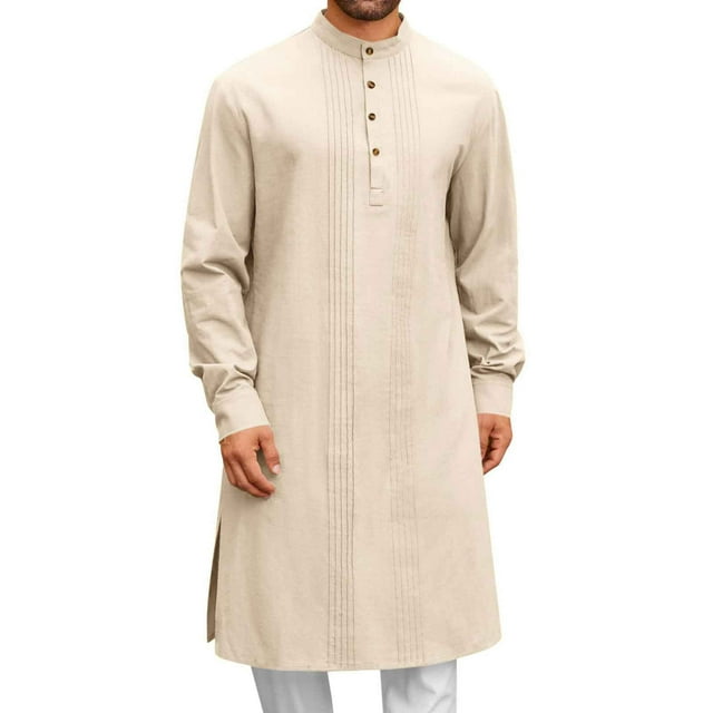 Robe Musulmane en Coton pour Hommes Manches Longues Boutonnée Style Arabe Décontracté pour Usage Quotidien