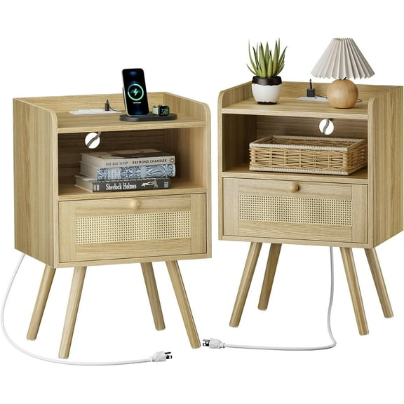 Two-piece bedside table set, bedside table with charging station and rattan decorative drawer